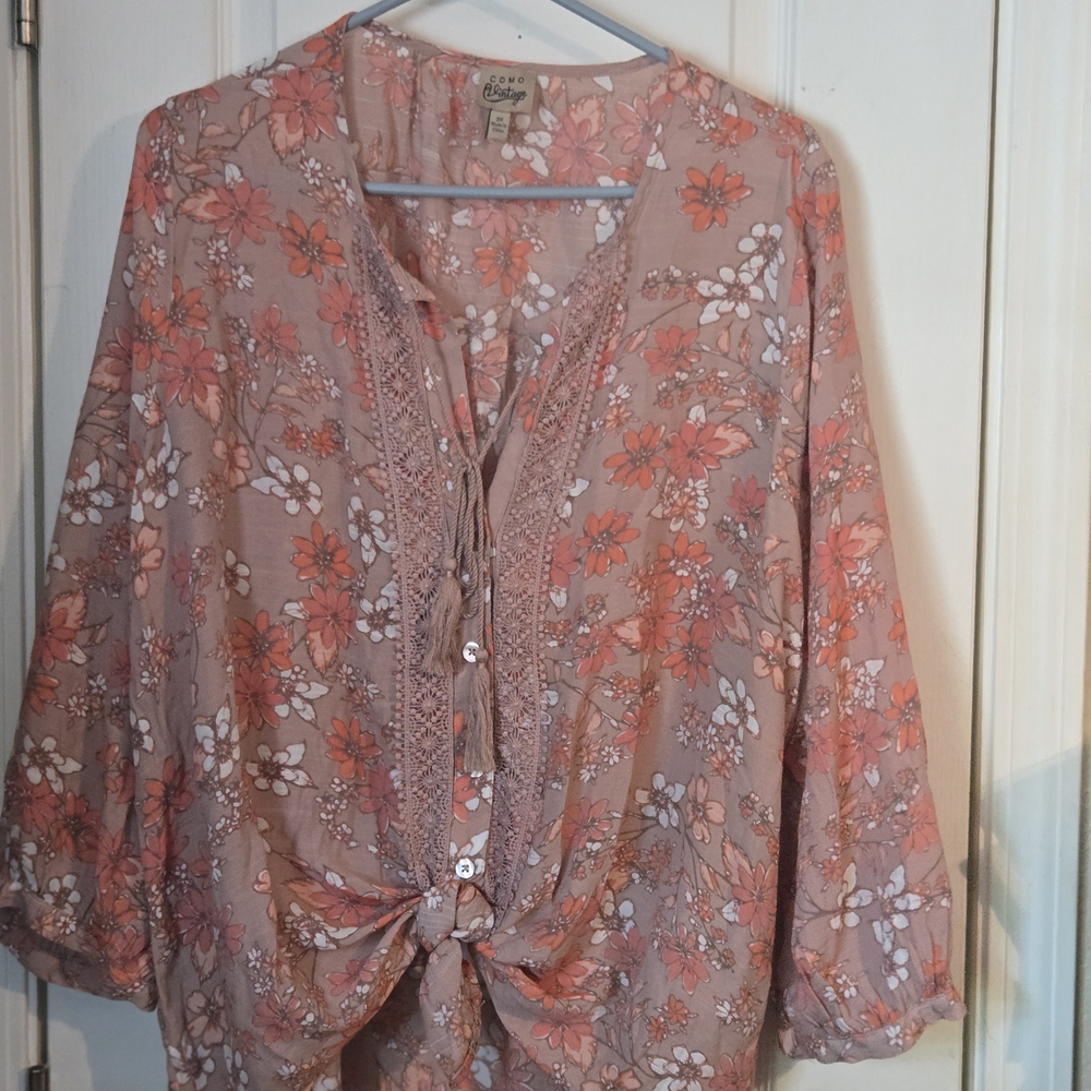 Como Vintage Dusty Pink Floral Tie-Front Blouse
